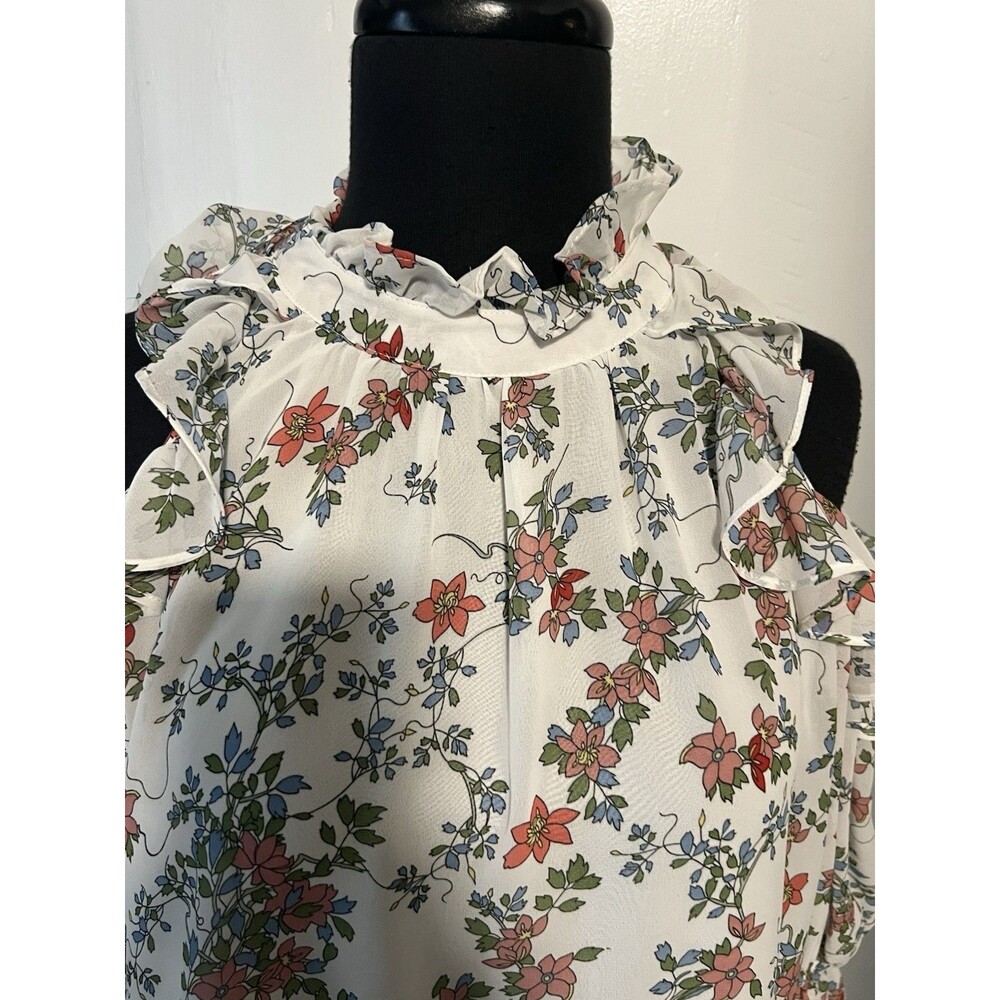 Max Studio Cold Shoulder Ruffle Top In White Multicolor Floral - Picture 2 of 10